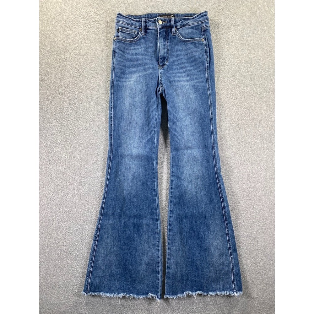 Judy Blue Flare Leg Jeans Womens 7/28 Blue Medium Wash High Rise Denim Raw Hem